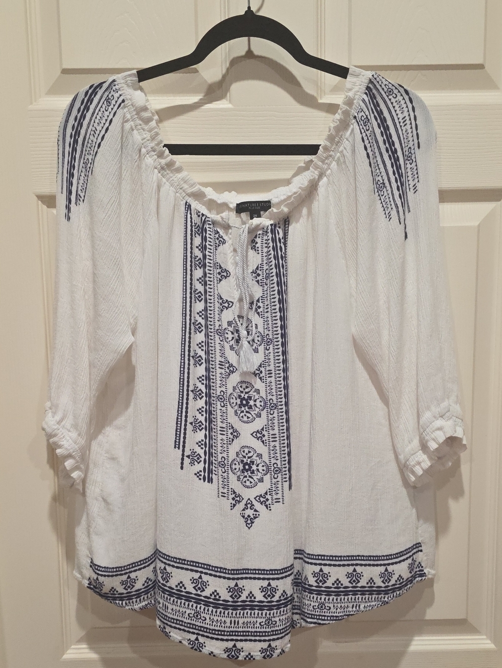 Signature Studio White Peasant Blouse with Navy Folk Embroidery